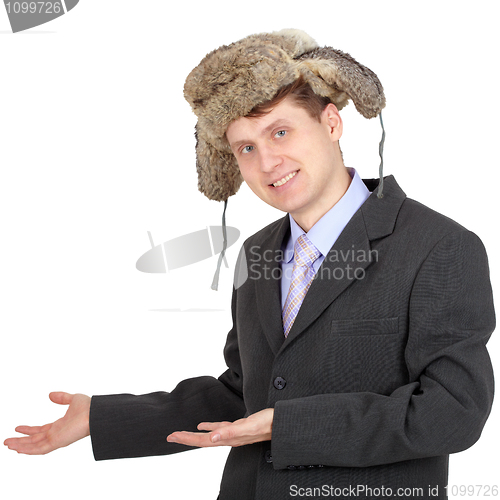 Image of Hospitable russian businessman in fur hat