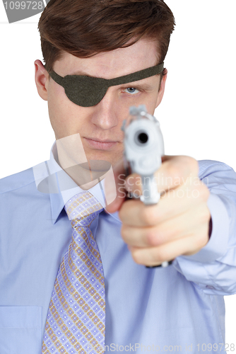 Image of One-eyed robber threatens us with a pistol on white background