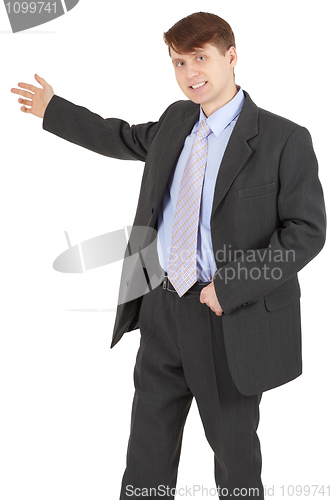 Image of Young businessman in dark jacket on white background