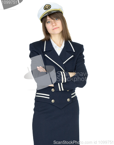 Image of Serious woman in uniform sea captain on white background