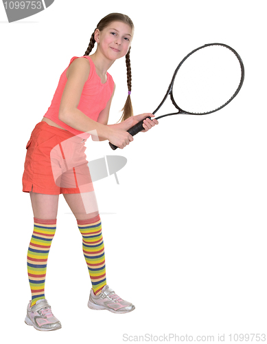 Image of Little girl with tennis racket isolated on white background