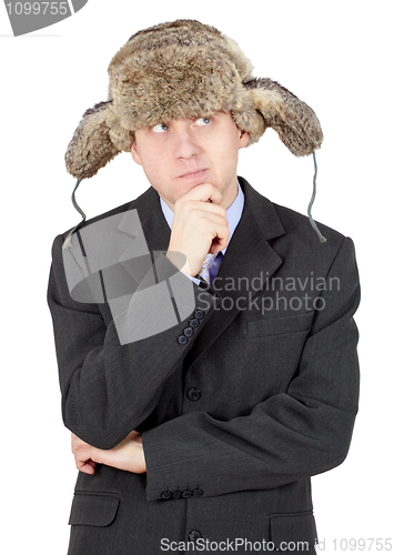 Image of Thoughtful man on white background with a winter hat