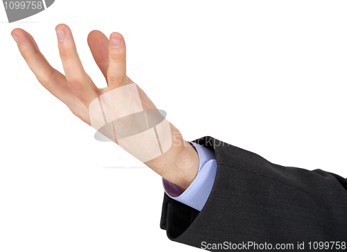 Image of Hand in dark sleeve isolated on white background