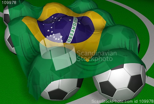 Image of 3D-rendering Brazil flag and soccer-balls