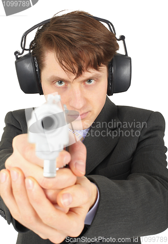 Image of Businessman aiming a gun, on  white background