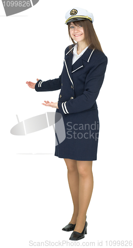 Image of Hospitable woman in uniform sea captain, isolated on white backg