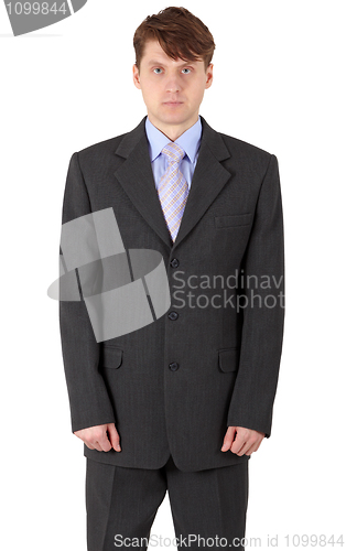 Image of Person businessman in dark jacket on white background
