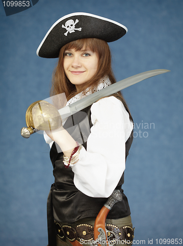 Image of Beautiful woman in clothes of pirate on blue background