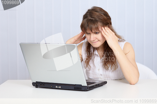 Image of Young woman concentrated thinks sitting at table with laptop