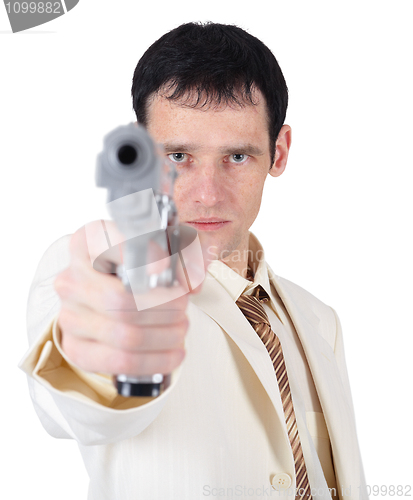 Image of Businessman aiming a gun on white background