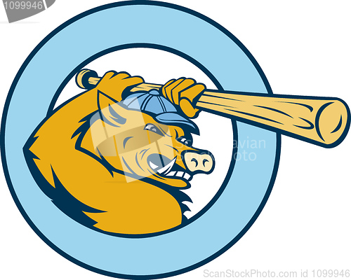 Image of Cartoon Razorback or wild pig swinging  baseball bat