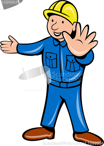Image of cartoon construction worker holding hand 