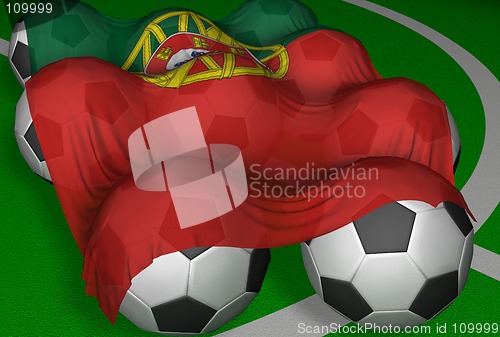 Image of 3D-rendering Portugal flag and soccer-balls