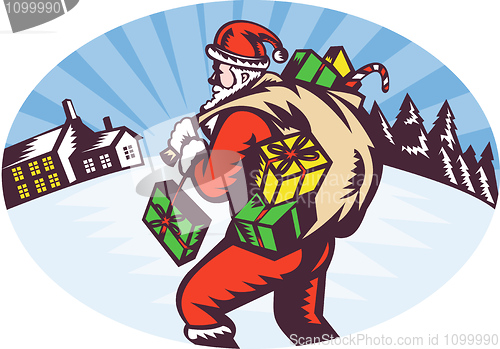 Image of santa claus bringing bag of presents