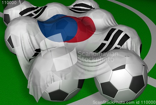 Image of 3D-rendering South Korea flag and soccer-balls