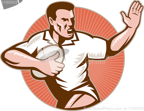 Image of rugby player running with ball fending off