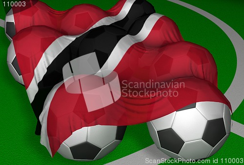 Image of 3D-rendering Trinidad and Tobago flag and soccer-balls