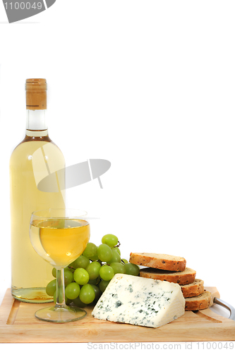 Image of wine, grapes, cheese and bread on the white background