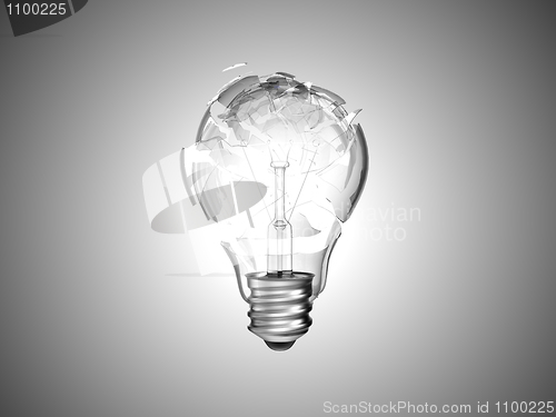 Image of Failed idea. Smashed lightbulb over grey 