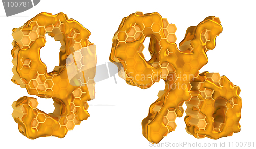 Image of Honey font 9 numeral and percent mark isolated
