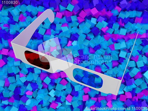 Image of Modern cinema 3D glasses on colorful cubes