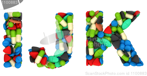 Image of Medical font I J and K pills letters