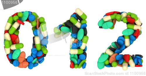 Image of Pills font 0 1 and 2 numerals isolated 