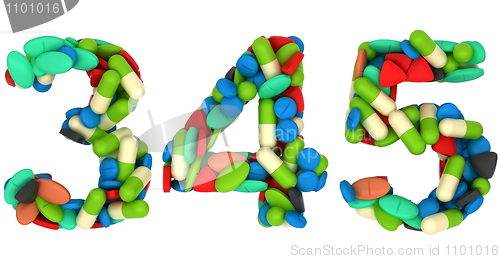 Image of Pills font 3 4 and 5 numerals isolated