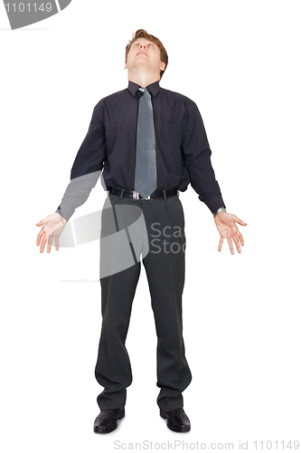 Image of Surprised man looks up on white background