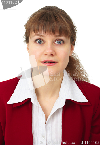 Image of Admiring gaze of young woman on white background