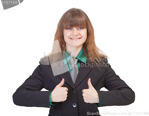 Image of Cheerful young business woman isolated on white