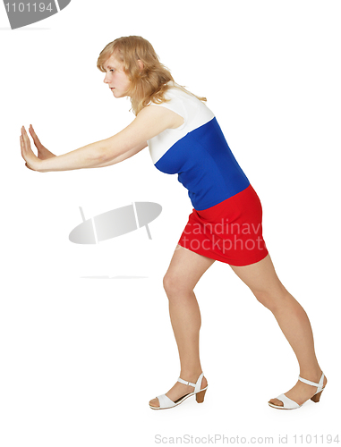 Image of Young woman pushing something hands isolated on white