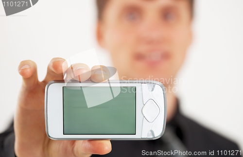 Image of Man shows LCD screen mobile phone