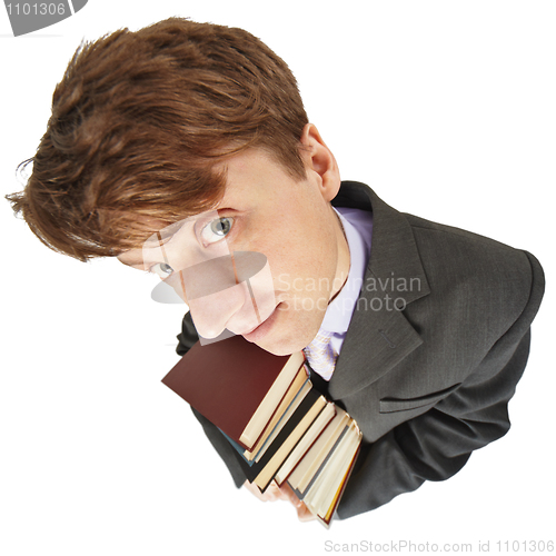 Image of Amusing guy with library books in hands