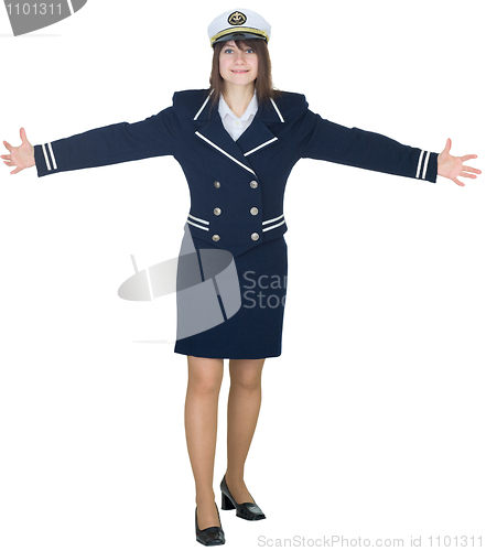Image of Woman in a uniform of seaman shows broad gesture hands