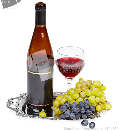 Image of Still life - bottle of wine, glass and grapes on tray