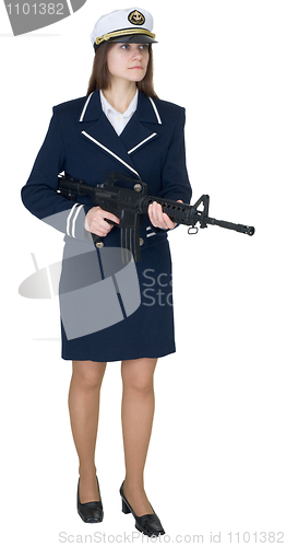 Image of Woman in uniform sea captain with rifle, isolated on a white