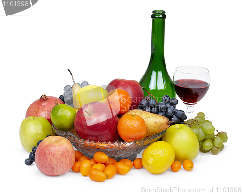 Image of Large pile of fruit and red wine