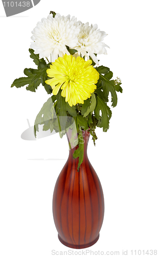 Image of Flowers in wooden vase on white background