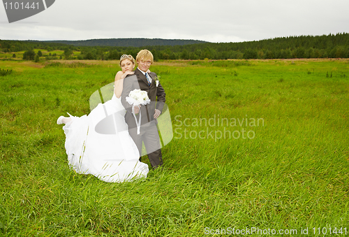 Image of Bride and groom on nature in field