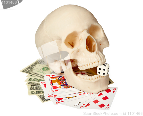 Image of Human skull, playing cards and money