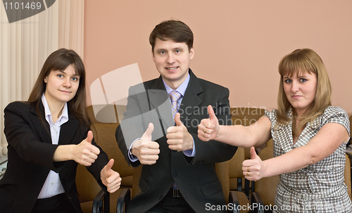 Image of Team of businessmen show thumb up