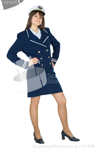 Image of Beautiful woman in uniform of sea captain standing on white back