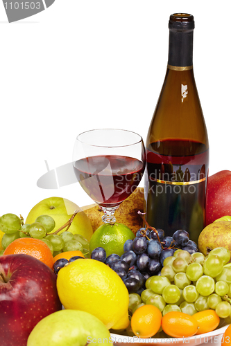 Image of Wine and fruit - still life on white background