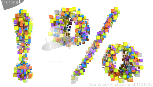 Image of Abstract cubes exclamation point and percent symbol