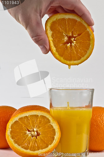 Image of Orange juice dripping into glass from orange fruit