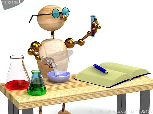 Image of 3d wood man as chemist holding tube