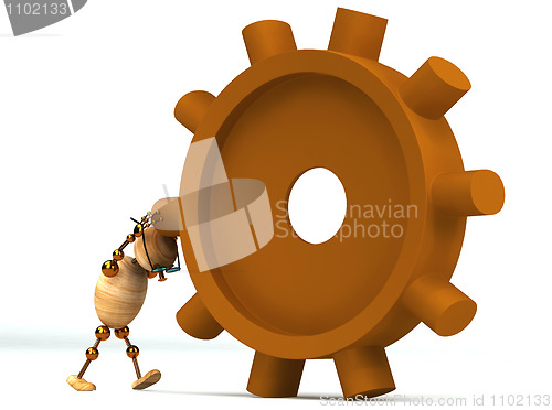 Image of 3d wood man spinning a gearwheel