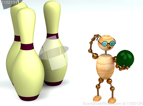 Image of 3d wood man is playing bowling