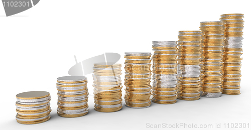 Image of Financial Progress: golden and silver coins stacks